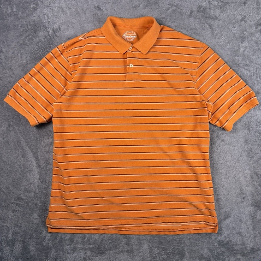 Consensus Golf Polo Shirt Men's L Orange Stripe Short Sleeve Pullover Sportswear
